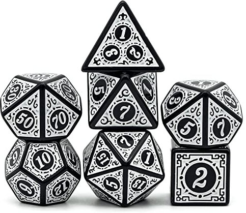 Poludie D&D Polyedrische Würfel (7 Stück) mit Geschenk-Leder-Würfelbeutel für Dungeons and Dragons Rollenspiele, Würfelspiele, RPGs (weiß mit schwarzem Rand)