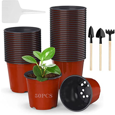 Macetas redondas, 50 unidades de 10 cm, macetas redondas de plástico con orificios de drenaje, maceta interior para plántulas y esquejes, macetas de cultivo y 10 etiquetas de plantas