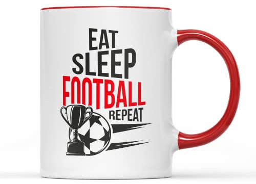 Eat, Sleep, Football, Repeat Mug Tea Coffee Cup Caffeine Novelty Fun Sports Footie Player Ball Pitch Cup Trophey Game Match Club Fan Boots Gift Present (Red Handle Prime)