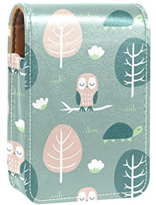 Niedlicher handgezeichneter grüner Baum und schöne Eule, Lipgloss-Halter, Lippenstift-Etui, tragbare Make-up-Tasche, Reise-Lippenstift-Organizer, Etui mit Spiegel, Mini-Lippenstift-Aufbewahrungsbox