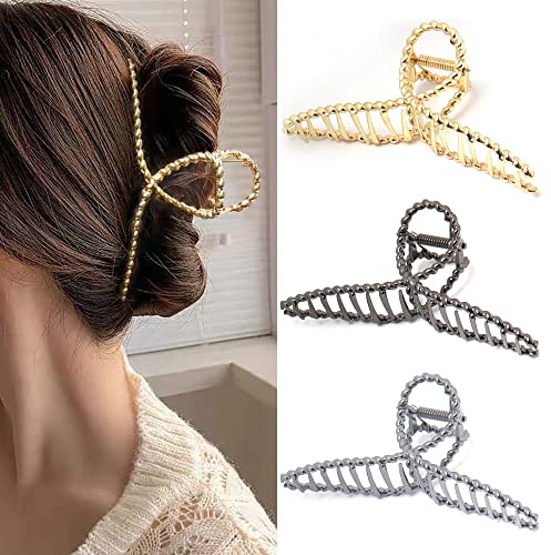 Bphne 3 Pack Metal Hair Clips for Women, 4.5 Inch Large Non Slip Claw Clips with Strong Hold, Heavy Duty Jaw Hair Clamps for Thick Hair, Gold Silver Black Fashion Hair Accessories Gift Set