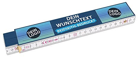 2 Meter Zollstock bedrucken mit Text und 2 Logos - Beidseitig bedruckter Zollstock mit Namen und 2 Logos personalisierte Werbeartikel, Werbegeschenke | Buchenholz, Hintergrund Dunkelblau, 1 Stk.