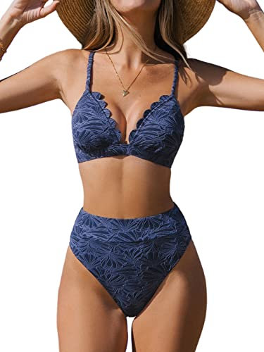 CUPSHE Damen Bikini Set V Ausschnitt Wellenkanten High Waist Bikini Bademode Jacquard Blumenmuster Zweiteiliger Badeanzug Swimsuit Navy XL