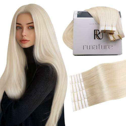 RUNATURE Tape Extensions Echthaar 60cm Blond Galtt Echthaar Extensions Tape 60 cm Weißblond Unsichtbare Remy Haarextensions Extensions Echthaar Tape 20 Stück 50g Farbe #800