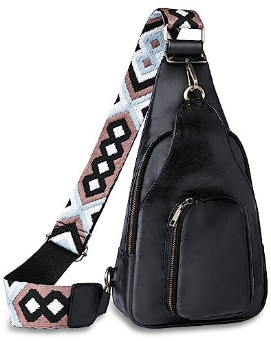 LATIT Sling Bag für Frauen PU Leder Brusttasche Damen Crossbody Tasche Outdoor Wandern Wasserdicht Umhängetasche mit Gitarrengurt (Schwarz), Schwarz