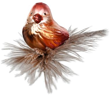 Christbaumschmuck Vogel auf Clip 7cm mundgeblasenes Glas handbemalt - Glasfigur Dekovogel mit Glitzer und Federschwanz auf Klammer - Weihnachtskugeln - Vögel Deko Braun Orange