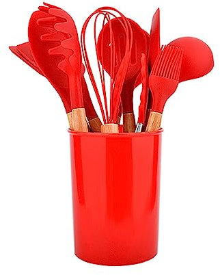 Soulnioi Wooden Handle Silicone Kitchenware Set 12PCS Baking Tools Non-Stick Pan with Storage Bucket Kitchen Utensils Set Red, 28067