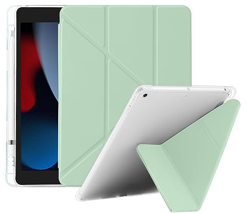 4UBonlife Origami Hülle für iPad 9. 8. 7. Generation 10,2 Zoll 2021/2020/2019, Mehrere Betrachtungswinkel Schutzhülle, Weich TPU Durchscheinend Rückseite Smart Cover mit Stifthalter, Minzgrün