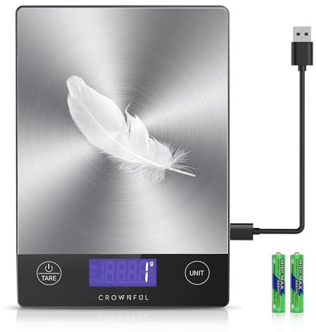 CROWNFUL Balance de cuisine rechargeable pour aliments, 15 kg, poids en grammes et onces pour la pâtisserie et la cuisine, chargement de type C, écran LCD, acier inoxydable 304