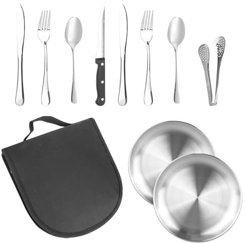 Ensemble de 10 couverts de camping portables pour 2 personnes - En acier inoxydable - Avec cuillère, fourchette, couteau, assiette - Clip pour camping, pique-nique, voyage, randonnée