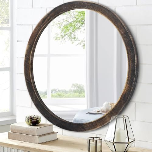 JJUUYOU Wandspiegel, 50 cm, rustikaler schwarzer runder Wandspiegel für Badezimmer, Bauernhaus, kreisförmiger Spiegel, Waschraum, Wanddekoration, Holzrahmen, Spiegel für Wohnzimmer, Schlafzimmer