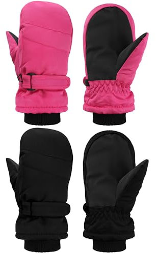 Boyiee 2 Paar Kinder Winter Skihandschuhe Fäustlinge Wasserdichte Schneehandschuhe Winter Warme Winddichte Snowboard Fäustlinge für Jungen Mädchen (Rosenrot, Schwarz, 2–5 Jahre)