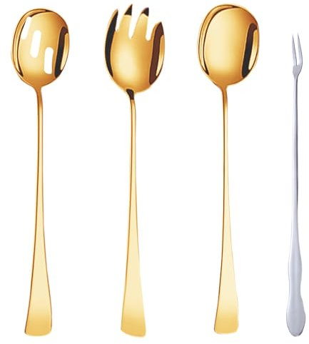 Cubiertos para Ensalada 410 Acero Inoxidable 28 * 5.5 cm Cuchara de Ensalada Tenedor de Ensalada Adecuado para la Cocina del Restaurante del Hotel 4 Piezas (Oro)