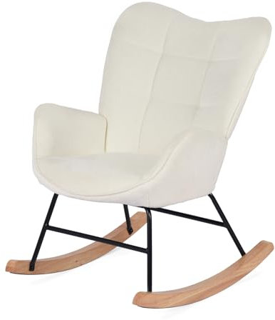 MEUBLE COSY Schaukelstühle Schaukelsessel Schwingstuhl Sessel mit Armlehnen und gepolsterter Sitzfläche für Wohnzimmer Schlafzimmer, Balkon, Metallgestell und Holzkufen, Bouclé-Stoff, Weiß, 62x75x87cm
