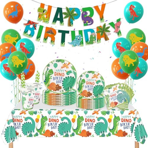Dinosaur Birthday Party Tableware Set - 86 Pieces Birthday Party Supplies Happy Birthday Banners Dinosaur Tablecloths Dino Plates Cups Napkins Latex Balloon for Boys Girls Kids Birthday Decor