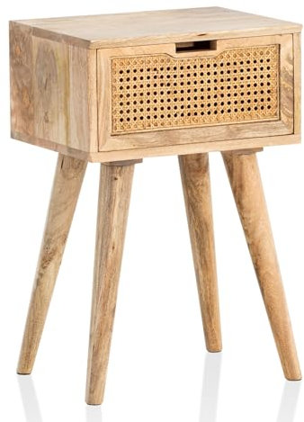 Wohnling Nachtkonsole Mango Massivholz/Rattan 40x60x30 cm Nachttisch Braun, Nachtkommode Boxspringbett mit Schublade Wiener Geflecht, Nachtkästchen mit Stauraum