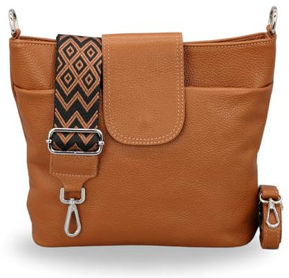BRISE Umhängetasche Damen Echtes Leder ELLIE Handgemachte Crossbody Bag mit Ledergurt + Optionalen Breiten Gemusterten Riemen 6 Fächer Wasserdichte Schultertasche Made in Italy (Cognac Braun - 4)