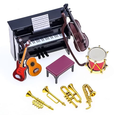 Hsthe Sea 12 pièces Maison de poupée Miniature Instrument de Musique Ornement Saxophone Piano Violon Guitare Tambour modèle Meubles décoration Accessoires