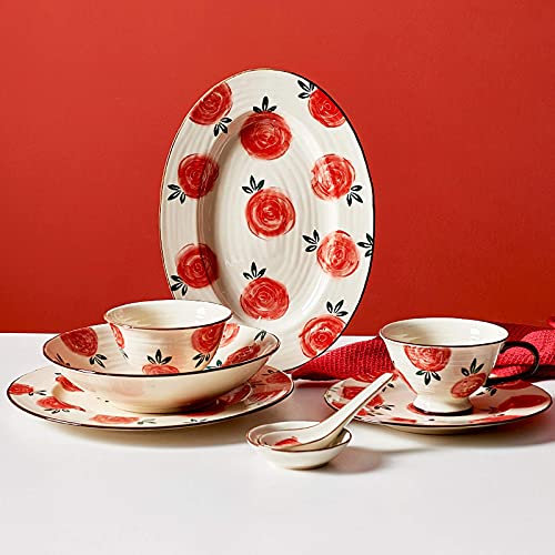 Service de table haut de gamme, services de table en céramique, service de table rétro en porcelaine Rose de jardin 51 pièces | Ensemble de bols à céréales et d'assiettes à steak p