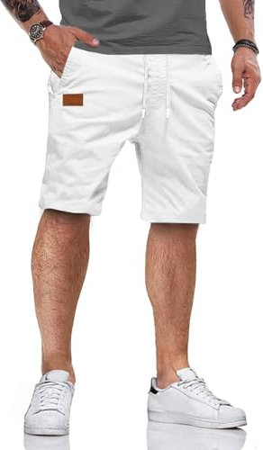 HMIYA Kurze Hosen Herren Baumwolle Chino Shorts Sommer Freizeitshorts Elastische Taille mit Taschen(Weiß,EU-L)