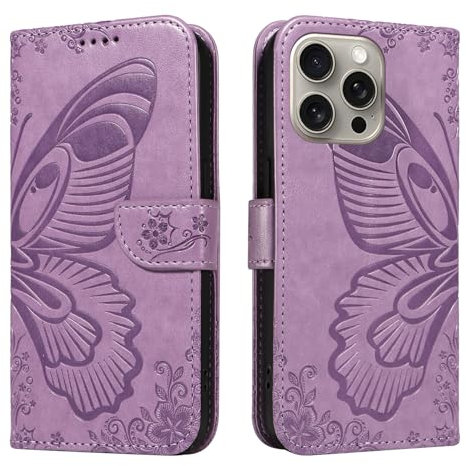 Wuhaizher iPhone 15 Pro Max Case Butterfly Shockproof Leather Flip Folio Wallet Phone Case for Girly Women with Stand Card Holder Slots Silicone Bumper Cover for iPhone 15 Pro Max, Purple