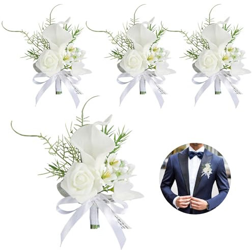 Huilimei Calla-Lilien-Boutonniere, handgefertigt, romantisch, weiß, geeignet für Hochzeitszeremonie, Jahrestag, Abendessen, 4 Stück