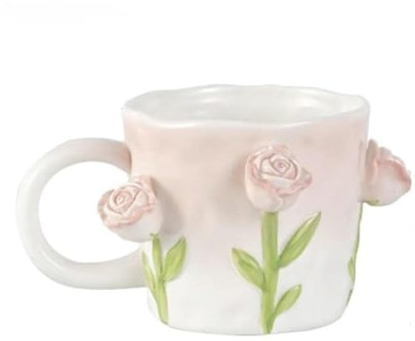 Romantic LOVE Tasses À Café Faites À La Main De 14 OZ, Tasses D'eau À Fleurs Stéréo, Tasse À Thé Parfaite Pour Les Cadeaux Pour Femmes (Rose)