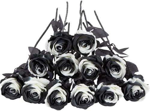 Laelfe 12 Pcs Rose Finte per Decorazioni, Bouquet Fiori Finti di Rosa con Steli Lunghi, Rose Artificiale per Composizioni di Nozze Casa Giardino Partito Decorazioni Floreali (Bianche e Nere)