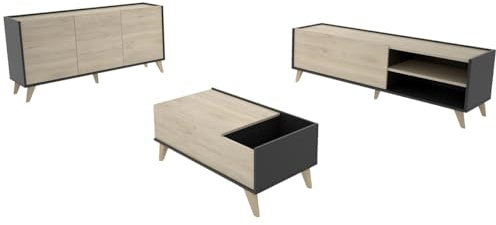 PEGANE Ensemble de Salon en Bois mélaminé avec Meuble Bas TV + Table Basse relevable + Buffet Coloris chêne Naturel, Graphite