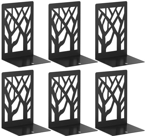 VFINE Moderne Buchstützen aus Metall für Regale, schwarzer Baum, Buchstützen für Bücher, dekorativer Buch-Organizer für Schreibtisch, rutschfeste Regal-Buchstützen für Zuhause und Büro, 6 Stück
