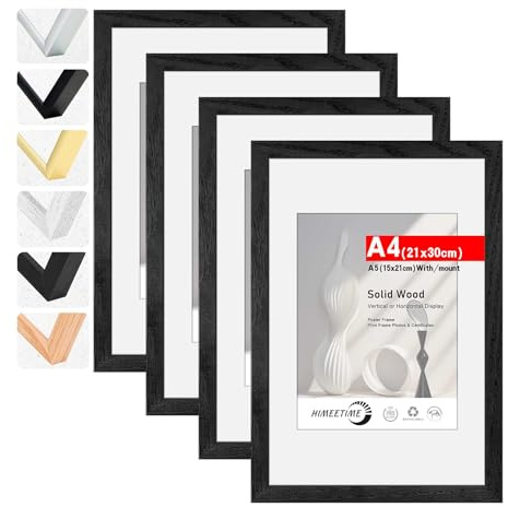 HIMEETIME® 4x Bilderrahmen DIN A4 21x30 cm Schwarz Holz Fotorahmen aus Massivholz Rahmen 21x29,7 cm,für Bilder A5 15x21cm mit Matte,für Wandbehänge oder Tischdekoration