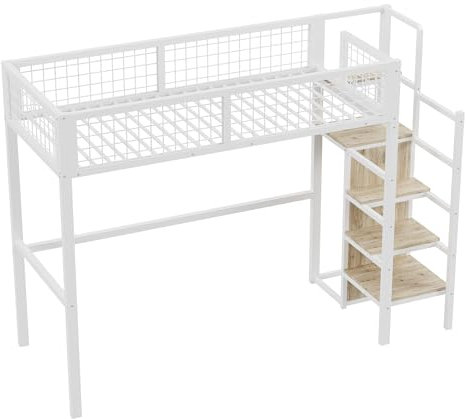 Azkoeesy Letto a soppalco con scala e armadio, letto a soppalco, letto per bambini, 90 x 200 cm, letto singolo in metallo, per bambini e adulti (ferro, bianco)