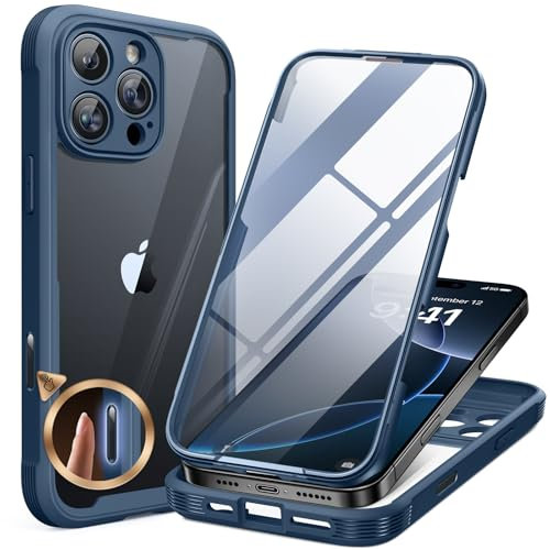 Miracase Glass Case for iPhone 16 Pro Case 6.3-Inch,[Camera Control Button Covered] + [Built-in 9H Tempered Glass Screen Protector without Bubble] Full Body Bumper Clear Back Cover (Storm Blue)