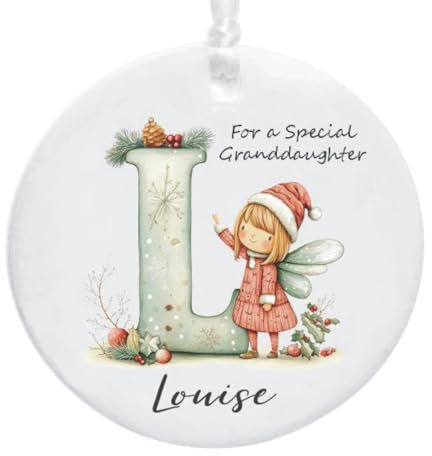 Personalised Granddaughter Christmas Tree Decoration – Baby's 1st Xmas Bauble Fairy with Child's Initial Design – Ceramic Keepsake Gift