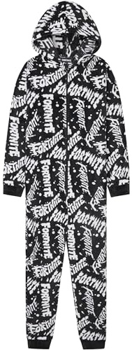 Get Trend Fortnite Onesie for Boys Teens 7-16 Years, Hooded Fleece Jumpsuit Pyjamas, Cosy PJs Loungewear, Gamer Gifts for Boys (9-10 Years, Black/White Fortnite)