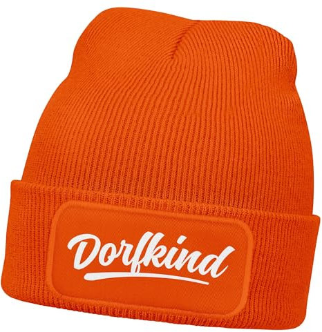 MoonWorks® Herren Beanie mit Patch Dorfkind Strickmütze mit Spruch Aufdruck Lustig Mütze Männer Orange Unisize
