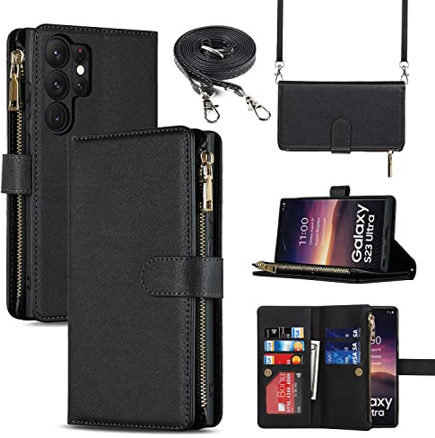 CAVOR Handykette Handyhülle Kompatibel mit Samsung Galaxy S23 Ultra Hülle Mit Band,Flip Leder Geldbörse Handytasche,[9 Kartenfach][Mit Kette],Umhängeband Klapphülle - Schwarz