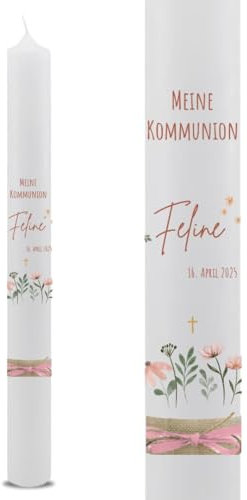 VILLA ROSA LOTTA – Personalisierbare Kommunionkerze Feline mit Wunschdaten und Rückseite | christliche Symbole | 40 cm x 4 cm | Blumen | für Jungen und Mädchen