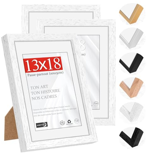 HIMEETIME® 3x Cadre Photo Bois Blanc 13x18cm,Cadre avec Verre Acrylique Transparent 13 x 18 cm,Avec passe-partout pour exposition de photos 10x15 cm,À suspendre/à poser pour photos