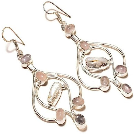 Orecchini pendenti fatti a mano con quarzo rosa naturale e perle bianche Biwa ovali, regalo per lei