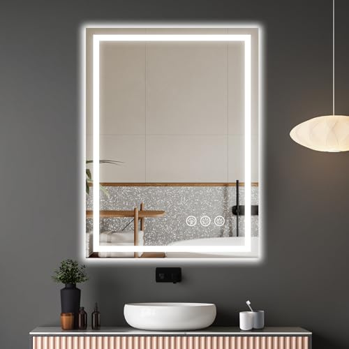 Ratsamee Badspiegel mit Beleuchtung LED, 60x80cm Spiegel mit Light, Wandspiegel mit Frontbeleuchtung, Antibeschlagfunktion, Dimmbar, mit 3 Einstellbaren Lichtfarben