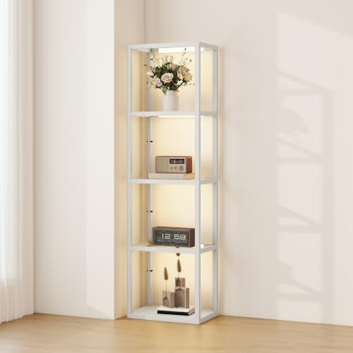 HOMCOM LED Floor Lamp with Glass Shelves 4 Layers Dimmable Grey | Tall Standing Lamp, Modern Column Shelf Floor Light, Living Room, Bedroom, Office