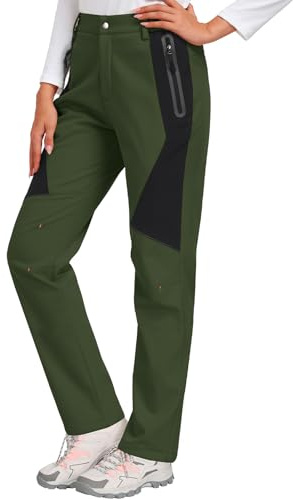 PASUDA Womens Waterproof Trousers Walking Hiking Fleece Lined Pants Winter Thermal Windproof Softshell Fishing Ski Snow Outdoor Pant Ladies Overtrousers with Zipper Pockets(Army Green,S)