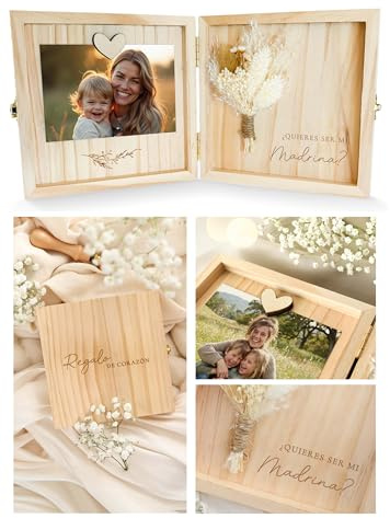 Joli Coon Estuche de madera para madrina, Quieres ser mi madrina | Flores secas naturales, imán para colocar una foto, recuerdo decorativo para exponer, detalles cuidadosamente elaborados