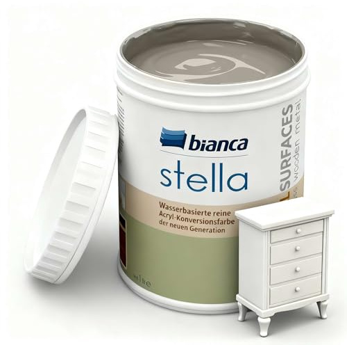Bianca Stella Möbelfarbe Ohne Schleifen - Wasserbasierter Parfümierter Möbellack für Holz, Küchenschrank, Tisch, Stuhl - Steingrau, Glänzend, Holzfarbe Innen & Außen, Hochdeckend, Kratzfest, 1L