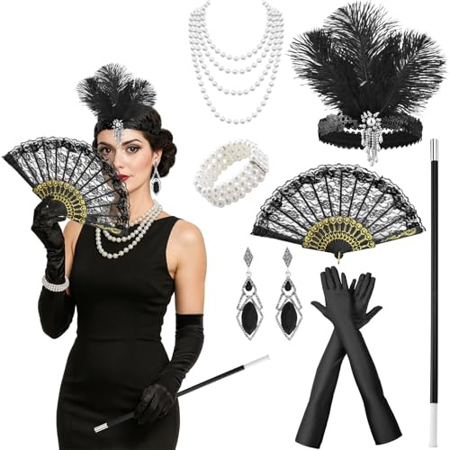 GWAWG 7-teiliges Zubehör für das Jahr 20 Damen, Gatsby Kostümset, Zubehör Charleston für Damen, für Maskerade, Halloween, Weihnachten