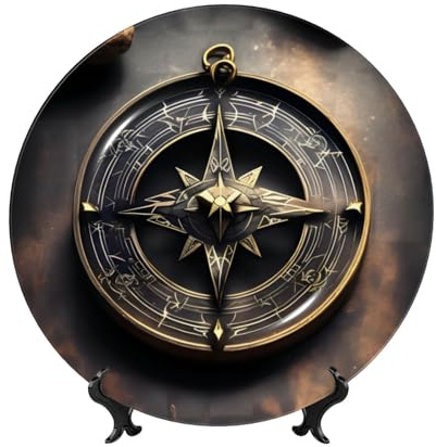 PHAYAH Magical Design Dekorativer Teller mit nordischem Runen-Kompassmuster, Knochenporzellan, dekorative Teller mit Ständer, runde Speiseteller für Zuhause, Büro, Dekoration, 25,4 cm