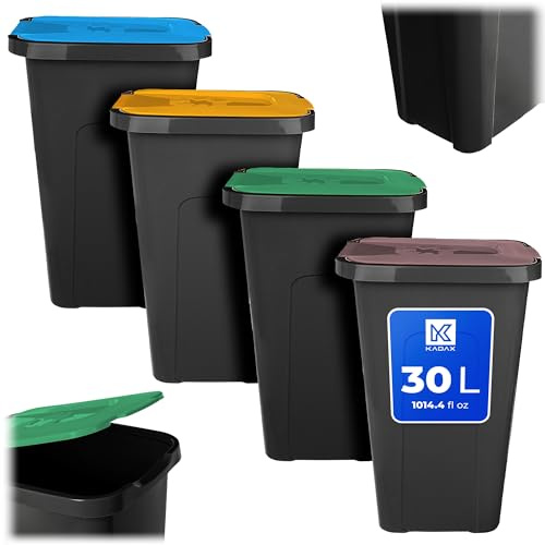 KADAX Lot de 4 poubelles de 30 l pour système de tri des déchets, en plastique, avec couvercle à charnière (marron, vert, jaune, bleu)