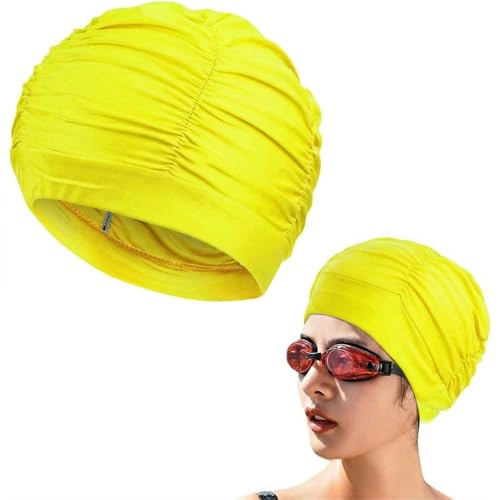 COYUN Bonnet de Bain Cheveux Long Adulte, 1 Pièce, Extensible et Confortable, Qualité Supérieure Nylon, Bonnet Piscine Cheveux Long, Bonnet Bain Femme (Jaune)