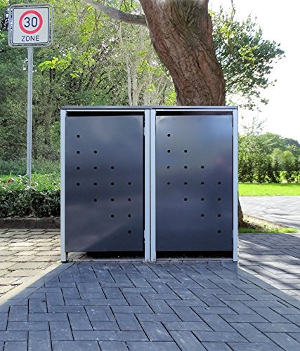 2 Mülltonnenboxen Modell No.4 Anthrazitgrau für 120 Liter Mülltonnen / witterungsbeständig durch Pulverbeschichtung / mit Klappdeckel und Fronttür